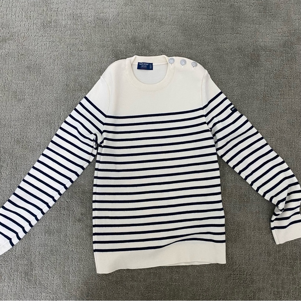 Saint James Cream and Navy Striped Crewneck Sweater